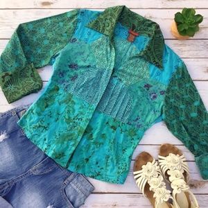 Green Blue Patchwork Floral Embroidered Blouse Top